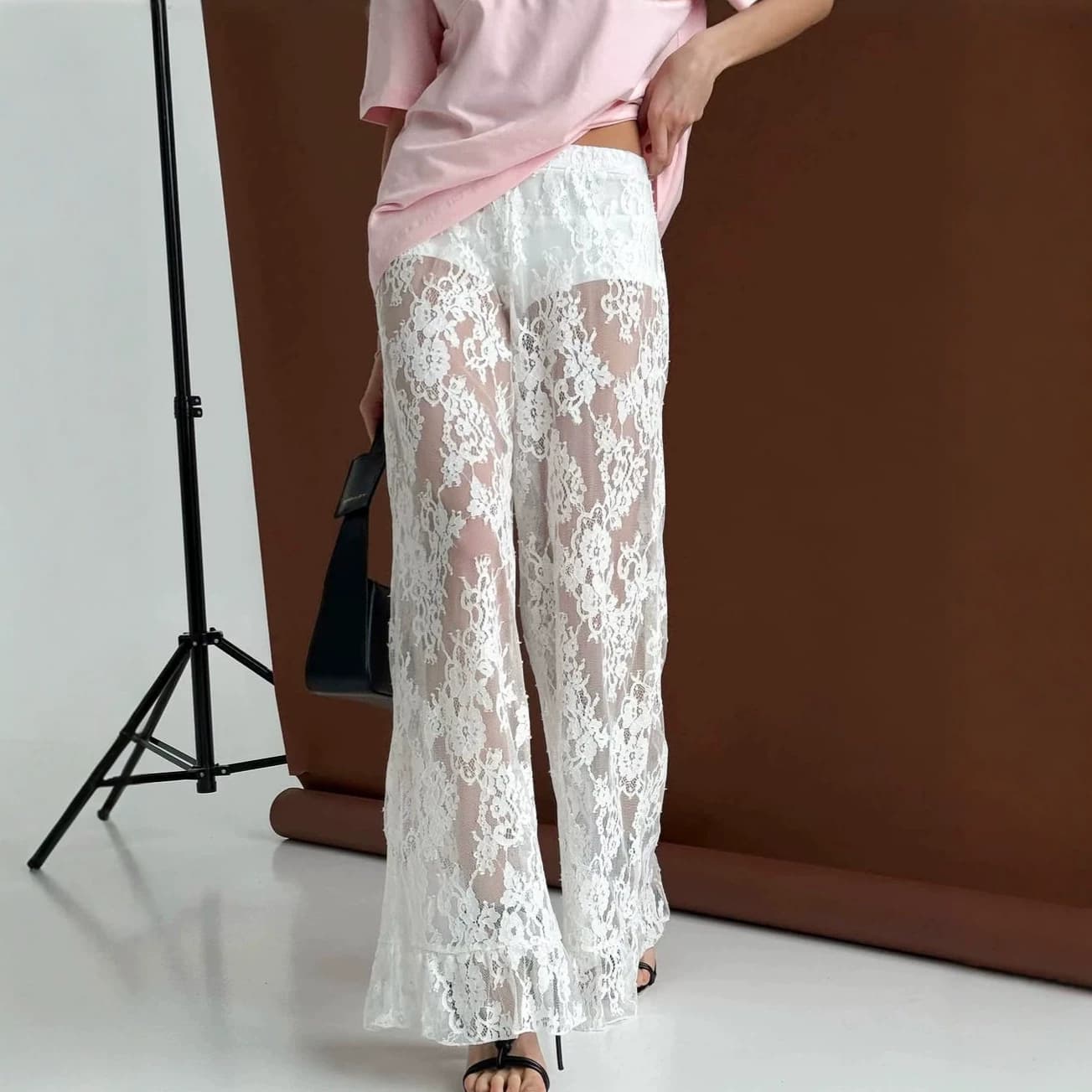 2026 Summer New Style Simple Casual Lace Wide-Leg Pants for Women, Fashionable High-Waist White Flared Long Pants, Export Women's Clothing