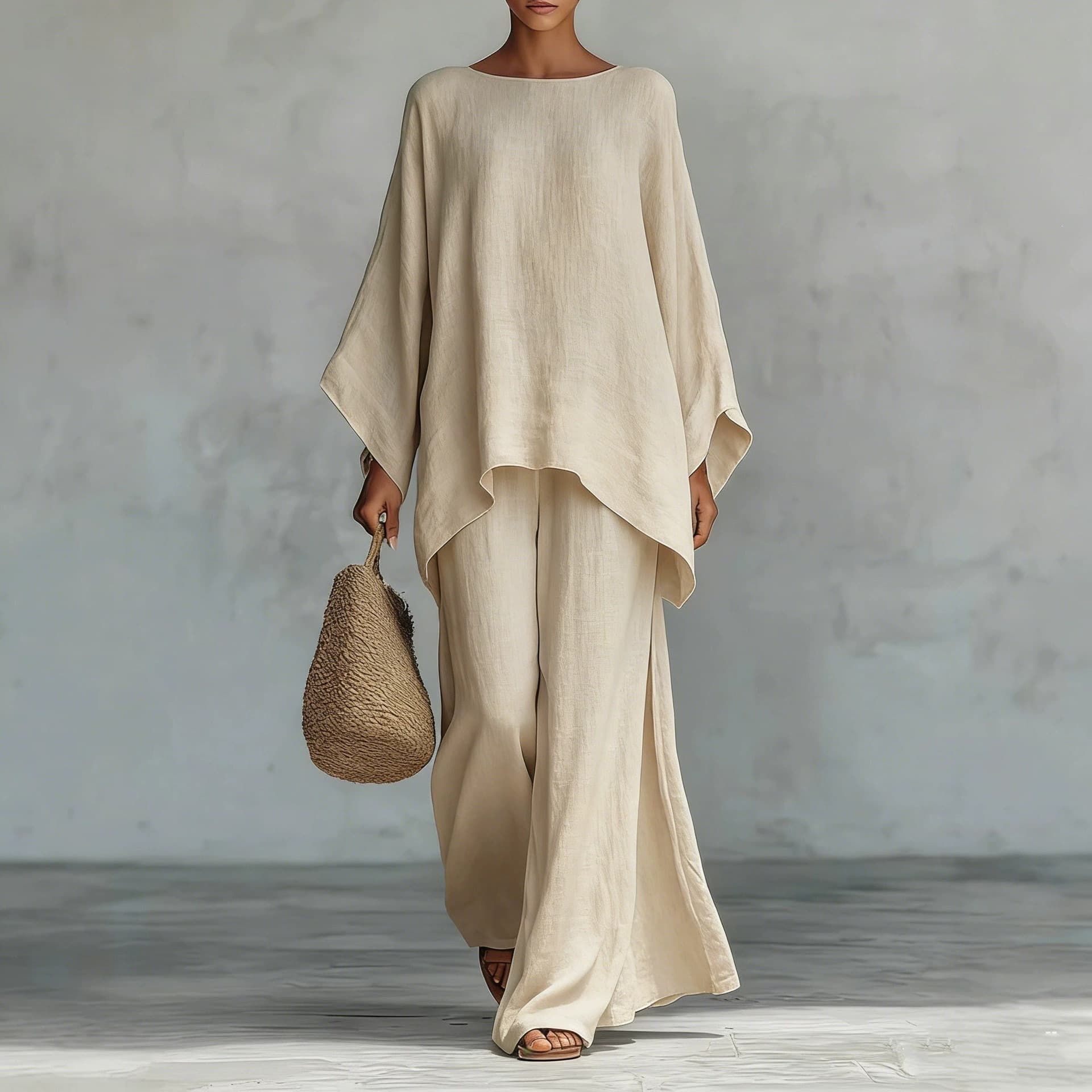 2026 In Stock European and American Autumn/Winter New Women's Set Loose Linen Blend Shirt Wide Leg Pants Casual Suit