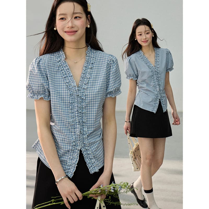 [Geming] French Vintage Check Short Sleeve Blouse with Ruffle Trim for Women New Summer Puff Sleeve Top AN1108