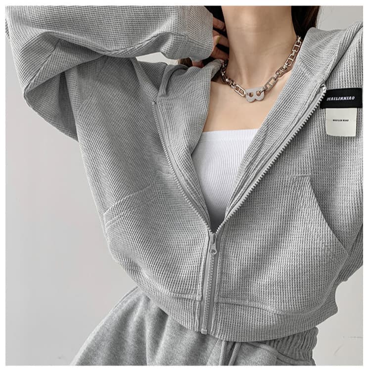 Waffle Knit Long Sleeve Sport Coat Women's Early Autumn New High Street Korean Version Ins Loose Versatile Slimming Hooded Sweatshirt