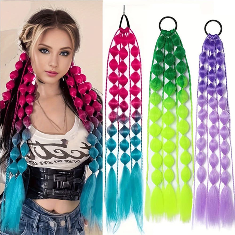 Gradient Colored Ponytail Wig with Lantern-Style Bubble Gold Thread Braids, Popular Influencer Style for Photography, Double Ponytail with Ties
