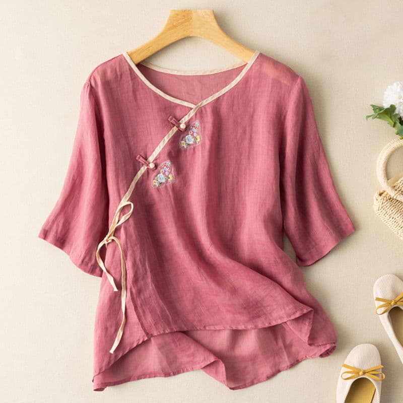 Ethnic Style Slanted Placket Embroidered Short-Sleeved Cotton Linen Top for Women, 2023 Summer New Style, Plus Size Loose Shirt