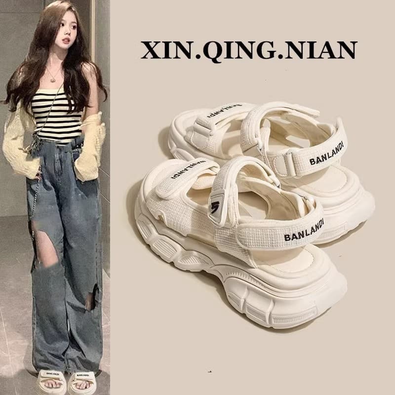 Sporty Dad Sandals Women 2025 New Summer Thick Sole Hook and Loop Casual Roman Shoes Versatile Student Beach Shoes