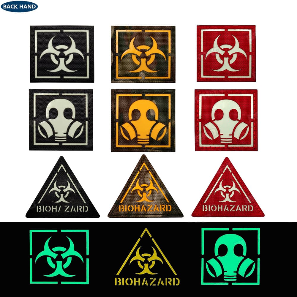 Overseas customers in stock Biohazard square triangle laser cut reflective luminous Velcro seal package seal
