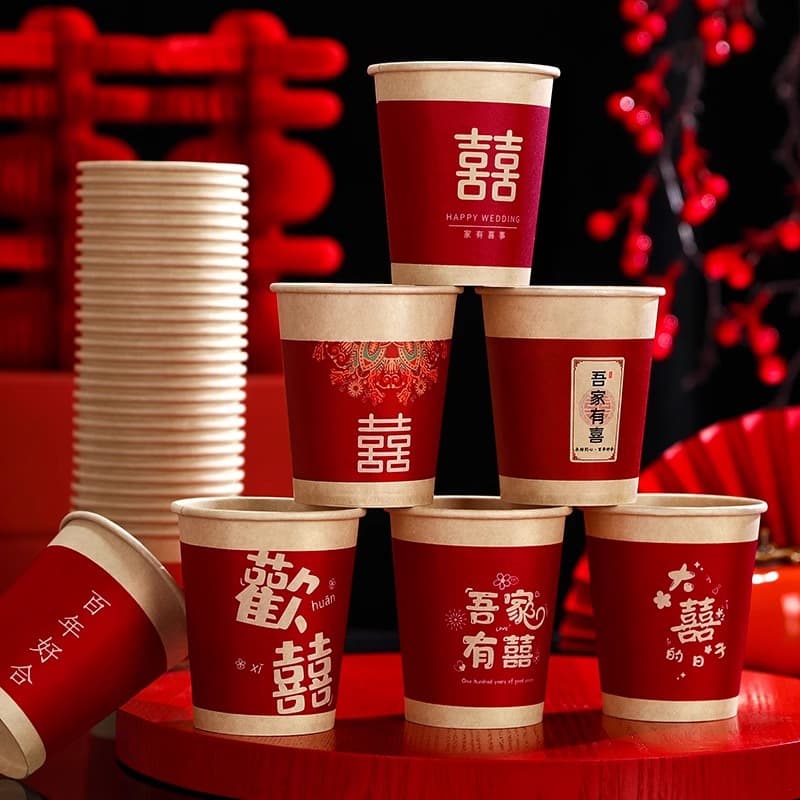Wedding disposable paper cups, thickened "Our Home Has Joy" red household festive banquet cups, engagement wedding celebration drinkware.