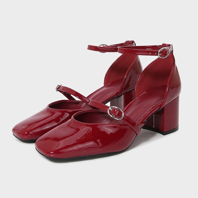 ZA2025 Spring New Women's Shoes Red Tie-strap Decorated Thick High Heels Mary Jane Shoes Shallow Mouth One-Buckle Hollow Single Shoes