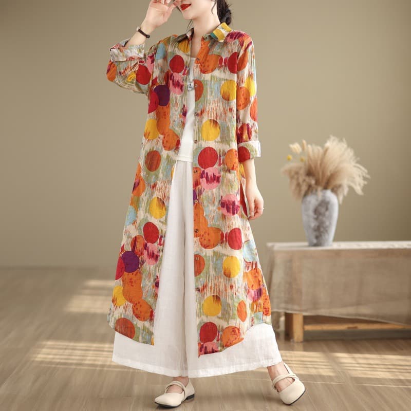 2024 Spring New Vintage Artistic Long-Sleeve Printed Dress with Turn-Down Collar, Loose Fit, Extra Long Shirt, Plus Size