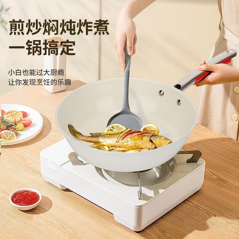 Shell porcelain frying pan, white pebble shell ceramic non-stick flat pan, household kitchen refined iron wok wholesale