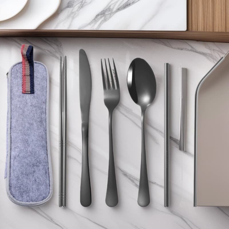 Thickened 304 stainless steel Western cutlery seven-piece set black knife, fork, spoon, tea spoon, hotel restaurant outdoor storage set