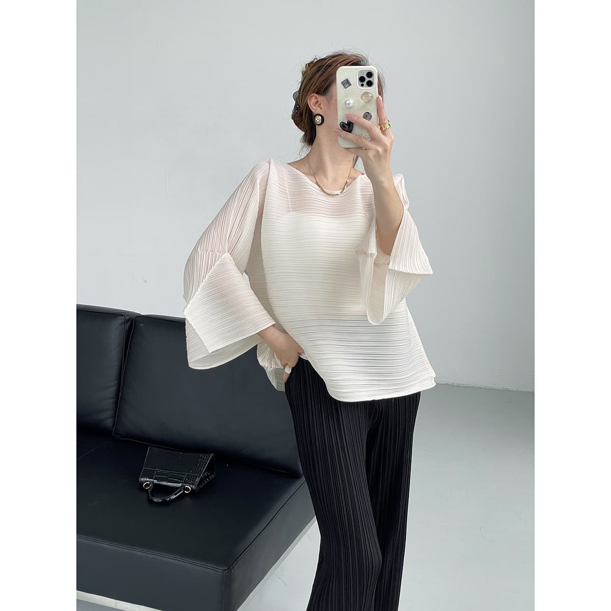 Puli Zi Miyake 2025 Spring/Summer New Style Versatile Top Long Sleeve Pleated Round Neck Slimming Elegant T-Shirt for Women
