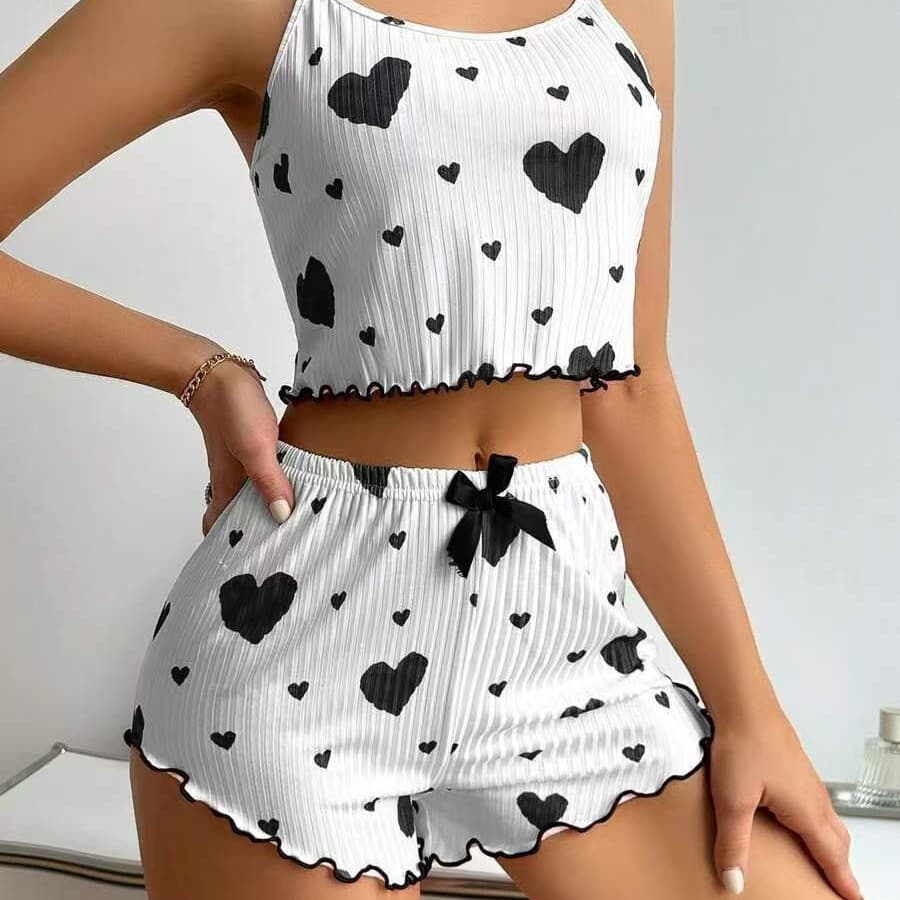 AliExpress summer clothes new women's knitted pit strip pajamas two-piece set love print pure lust style suspender shorts pd
