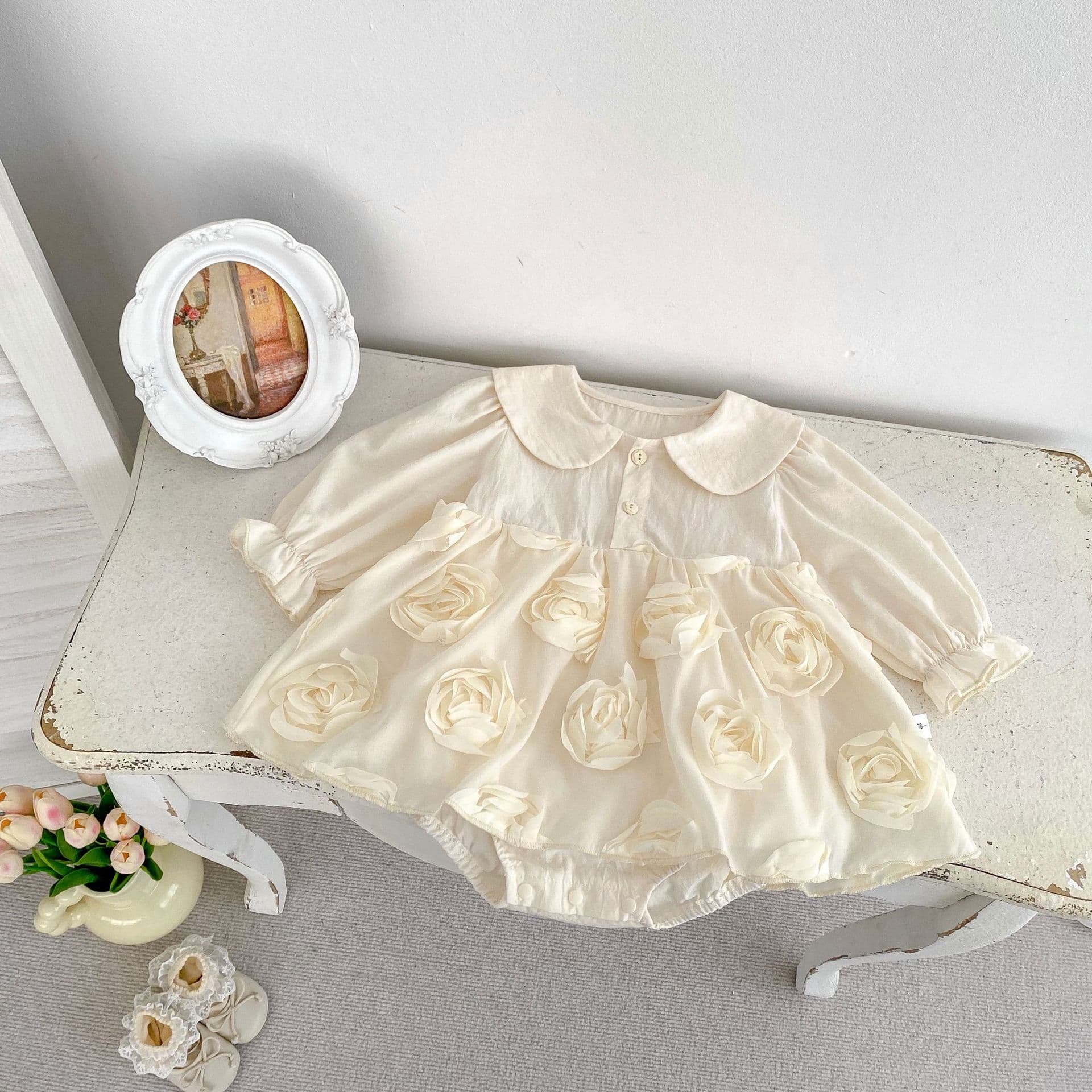 INS Autumn New Sweet Baby Girl Romper Flower Mesh Bodysuit Crawling Suit Baby Girl Round Neck Dress