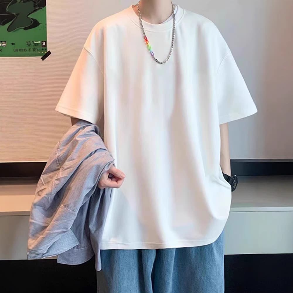 Men's White Short-Sleeve T-Shirt Summer Heavyweight 230g Cotton Loose Fit Casual Top