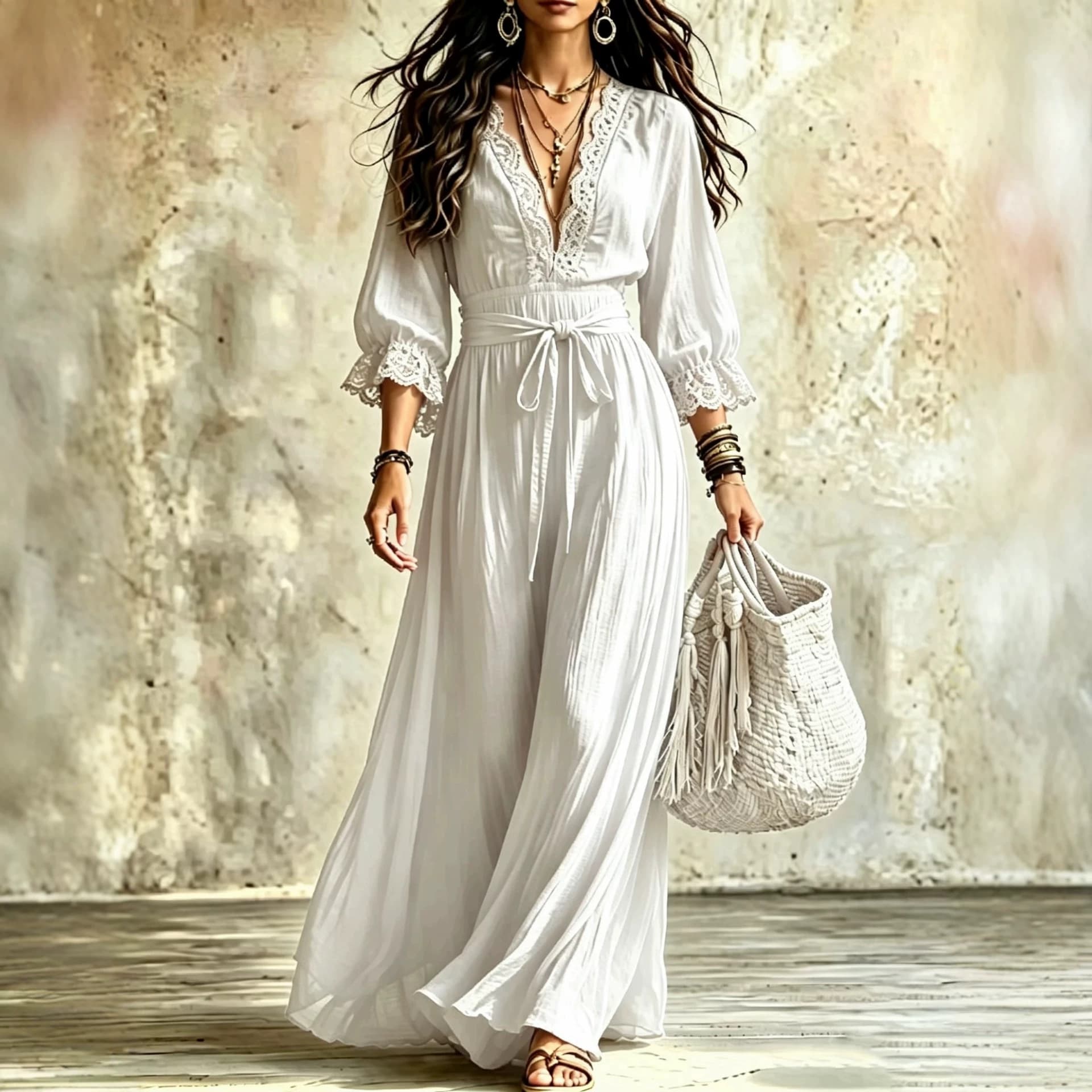 2026 New European and American Amazon Lace V-Neck Women's Dress with Waist Tie and Three-Quarter Flared Sleeves, Casual Vacation Elegant