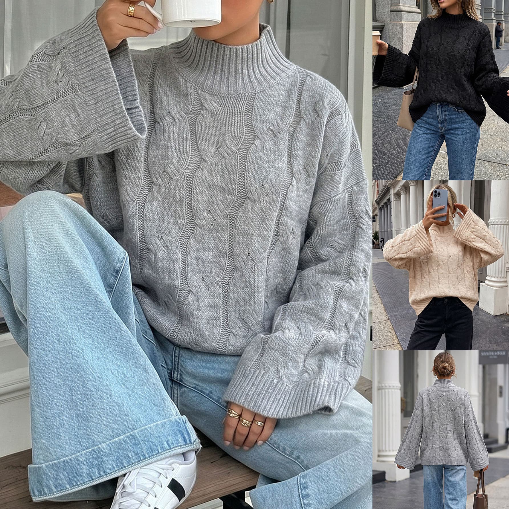 Turtleneck Sweater European American Cross-Border Women's Sweater Loose Pullover Bell Sleeve Half Turtleneck Knit Top Lazy Style