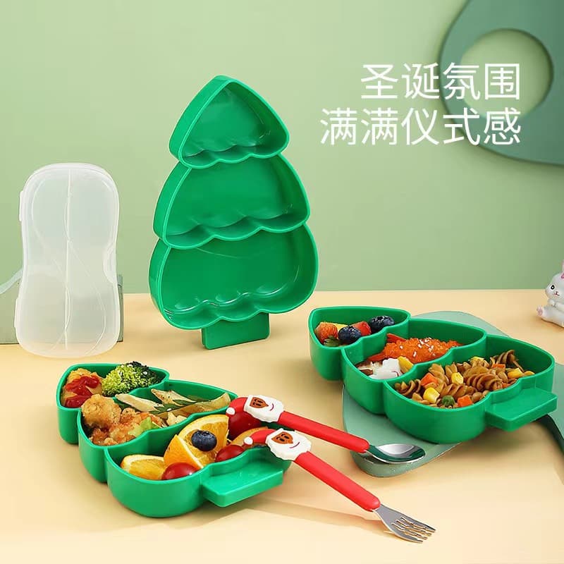 Christmas Tree Sectioned Plate Kids Tableware Set Baby Food Spoon 304 Stainless Steel Spoon Fork 3-Piece Set