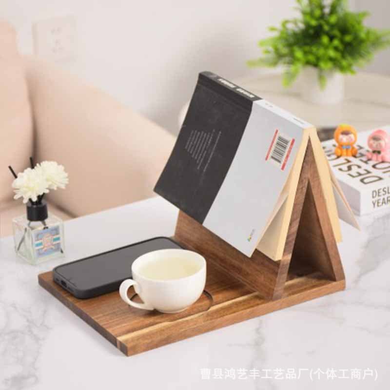 Cross-border New Solid Wood Triangular Bookends Acacia Wood with Coaster Holder Reading Stand Home Bedroom Desktop Bookshelf