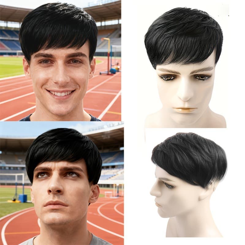 Human Hair Topper Men's Textured Lightweight Breathable Short Straight Hair Toupee for Cross-Border E-commerce