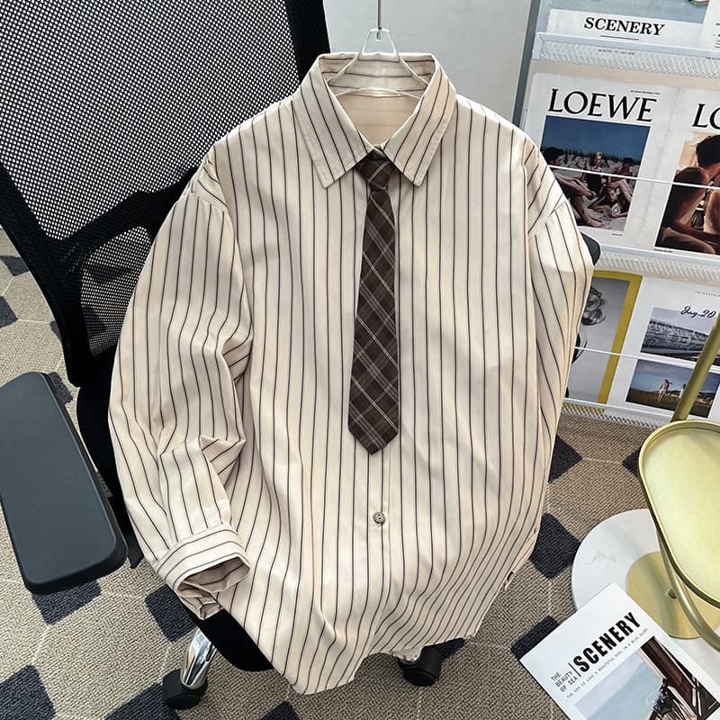 Japanese Retro Striped Shirt Jacket for Men and Women, Loose and Cool Long-Sleeve Shirt for Spring and Autumn, Designer Tie Top