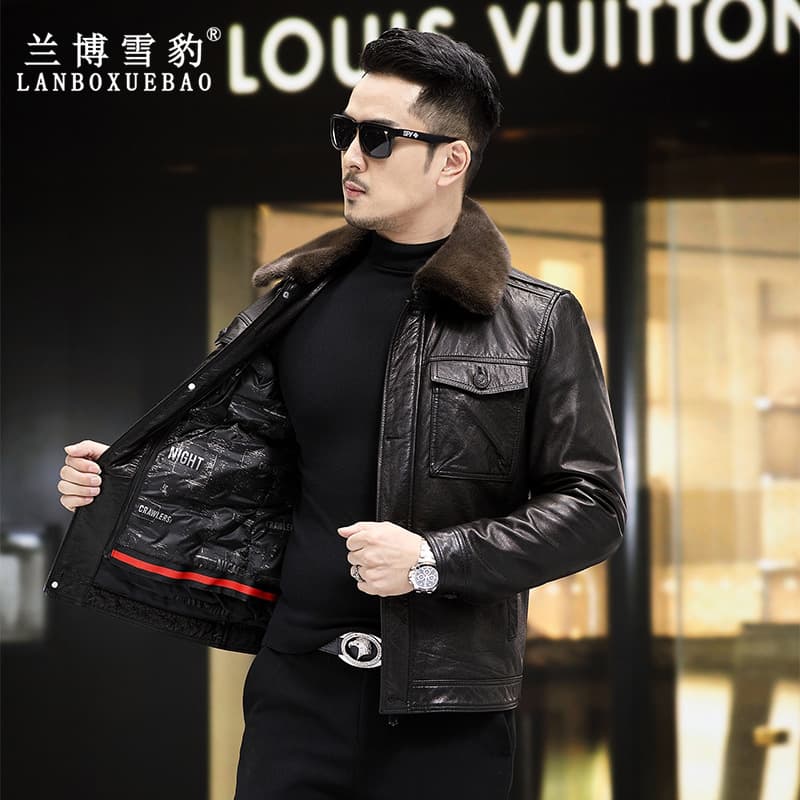Factory Direct 2023 Haining New Men's Top Layer Cowhide Down Jacket with Detachable Lining and Mink Fur Collar