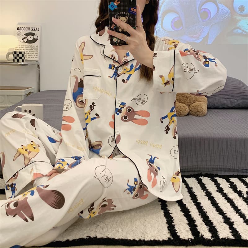 Pajamas Japanese Cartoon Pudding Dog Pajamas for Women Spring and Autumn Imitation Cotton Long-Sleeved Trousers Suit Outer Wear Home Clothes