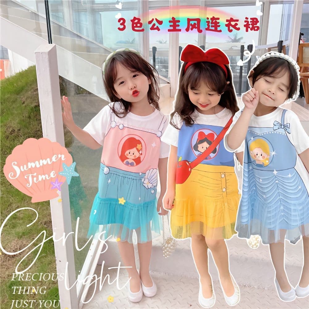 Stylish Cartoon Two-piece Illusion Dress Women's Short Sleeve T-shirt Dress Baby Snow White Princess Summer New Style