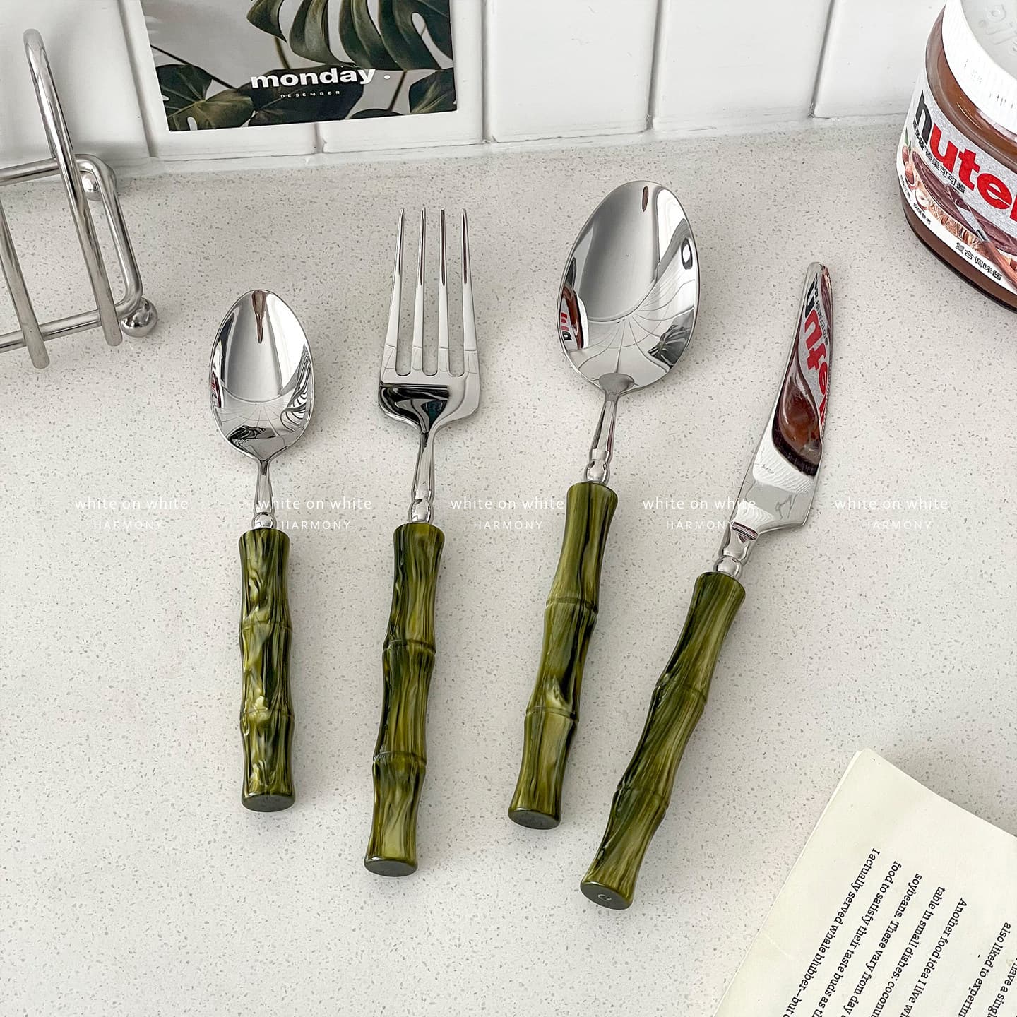 Retro bamboo fork, high-end household 304 stainless steel knife and fork spoon ins style dessert spoon and fork Western food knife and fork