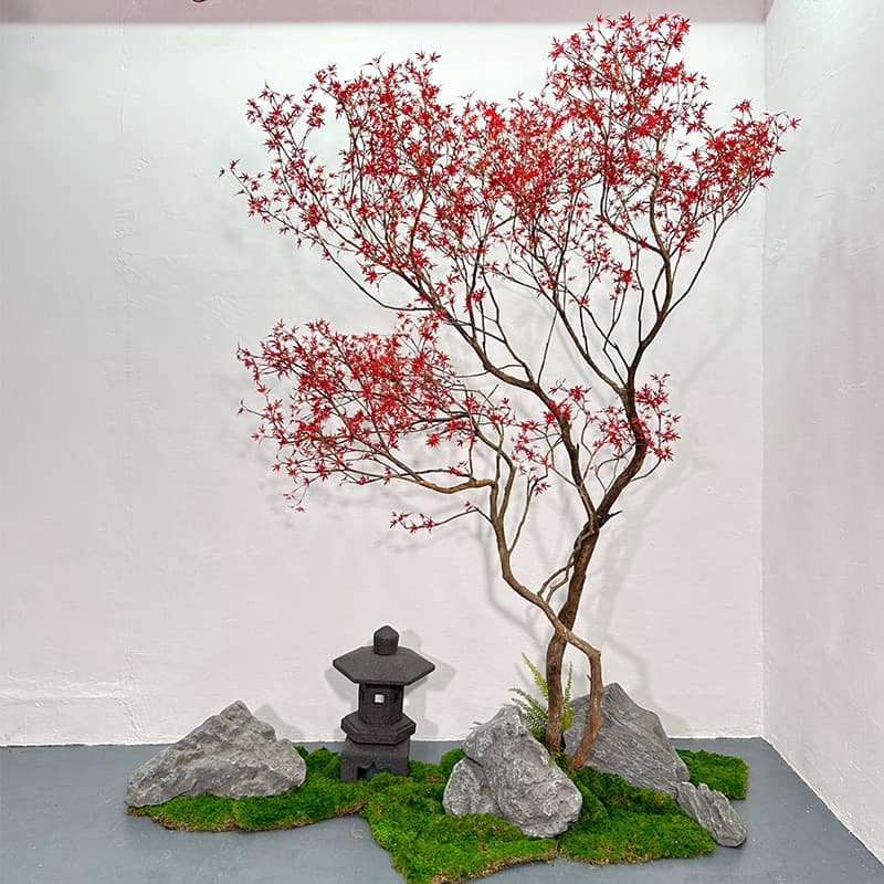Feather maple leaf tree, fake red maple, high-quality artificial tree, large green plant, artificial tree, indoor and outdoor floor-standing, simple decorative landscaping