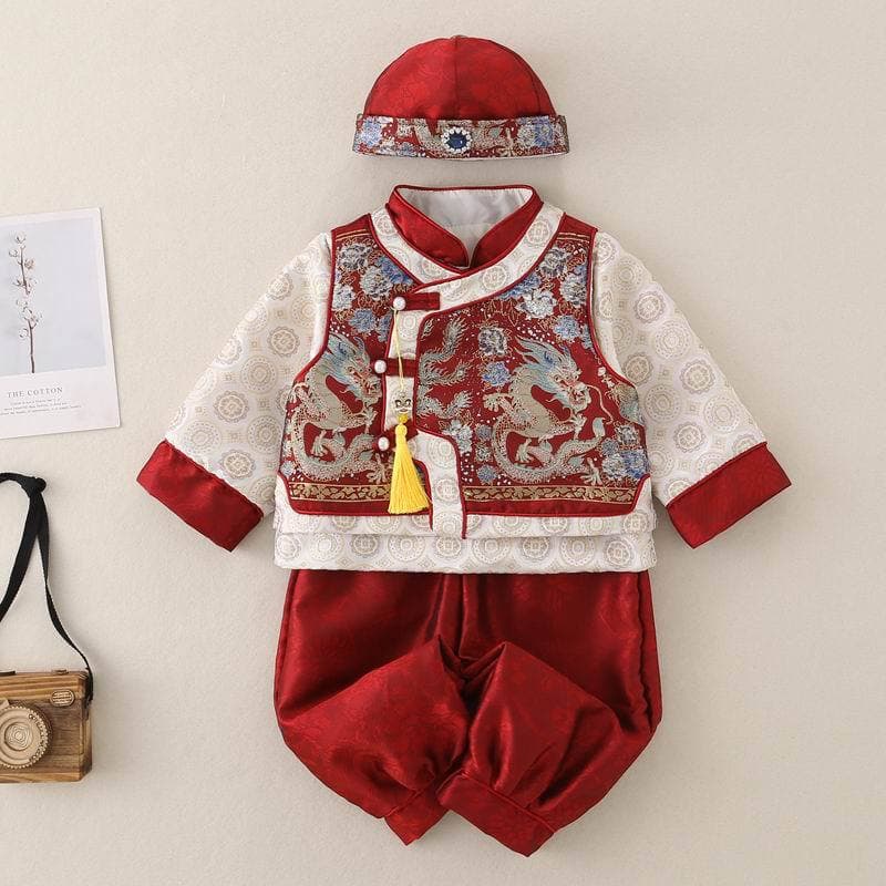 New Chinese-Style First Birthday Outfit for Baby Boy, Spring/Autumn, Premium Tang Suit for New Year Visits, Infant Birthday Party and Crawling Ceremony