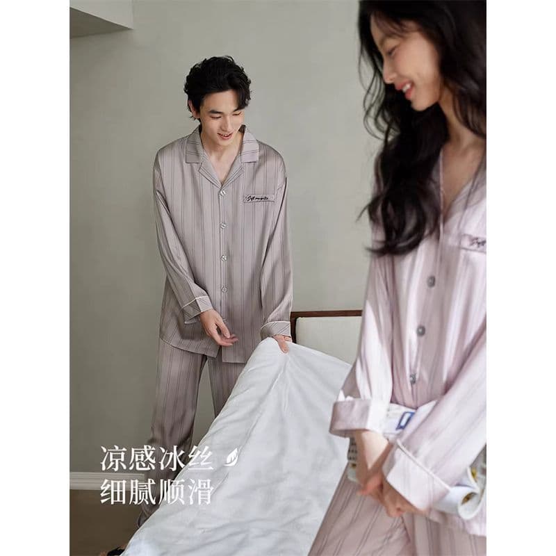 Spring and Autumn couple pajamas men's ice snow silk women's long-sleeved suit cardigan temperament light luxury can be worn outside home clothes