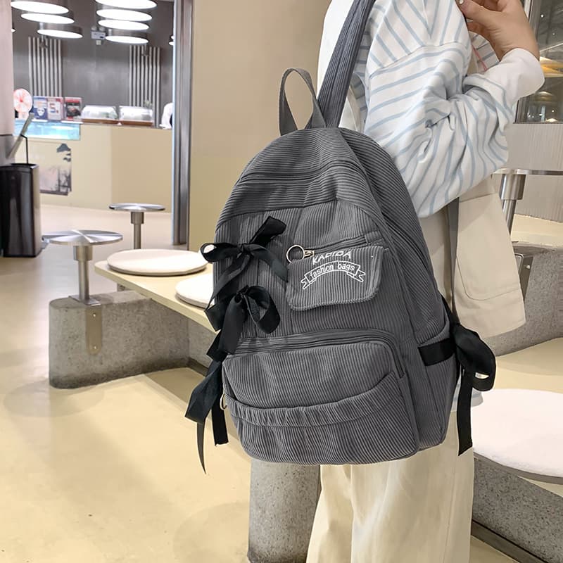 2024 Winter New Bowknot School Backpack for Girls, Corduroy Middle School Internet-Famous Backpack, Large-Capacity Niche Backpack