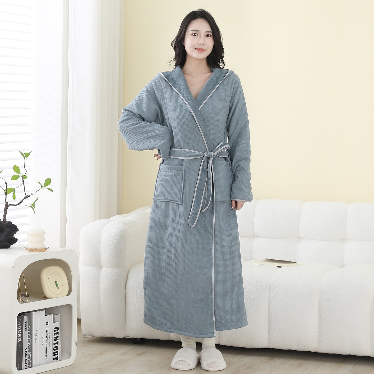 Pure Cotton Waffle Women's Robe New Long Sleeve Women's Long Bathrobe Pink Fashion Homewear Bath Skirt Women's