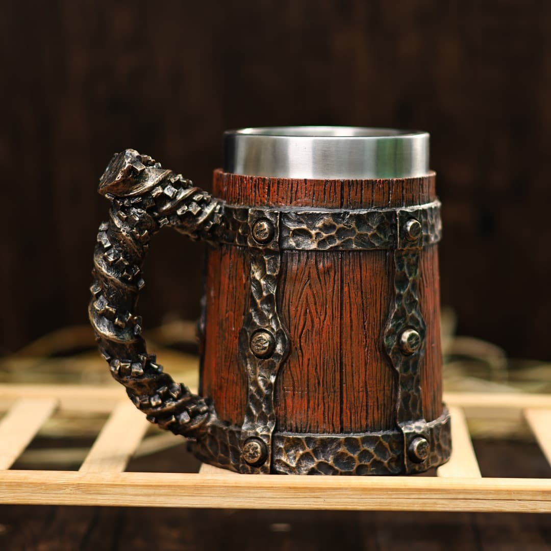 2024 cross-border new wooden barrel beer cup creative handmade style retro Viking beer cup stainless steel coffee cup