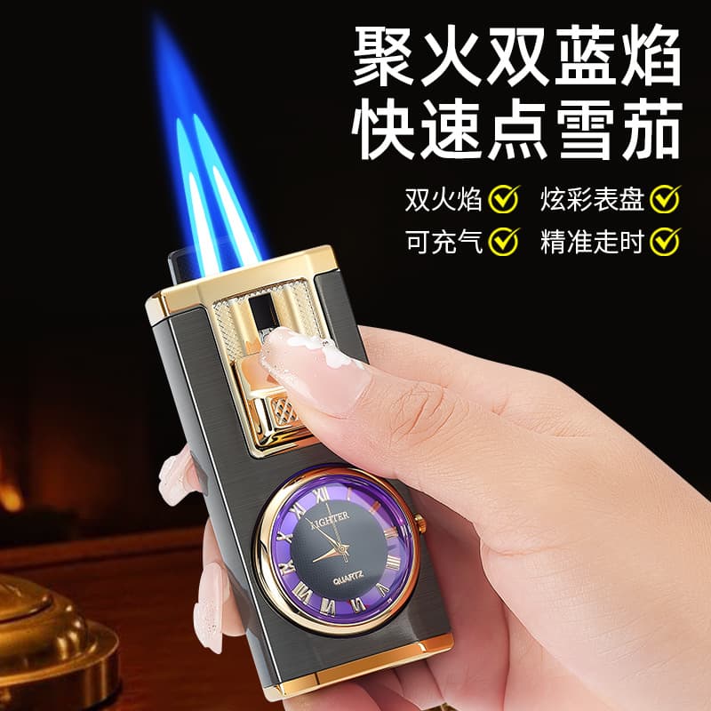 Factory Wholesale Dual Flame Direct Jet Cigar Lighter Trendy Creative Watch Function Direct Jet Lighter Cross-Border