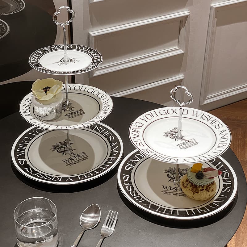 Italian-style ceramic skewers for home living room double-layer English fruit plate dessert table display stand light luxury silver three-layer
