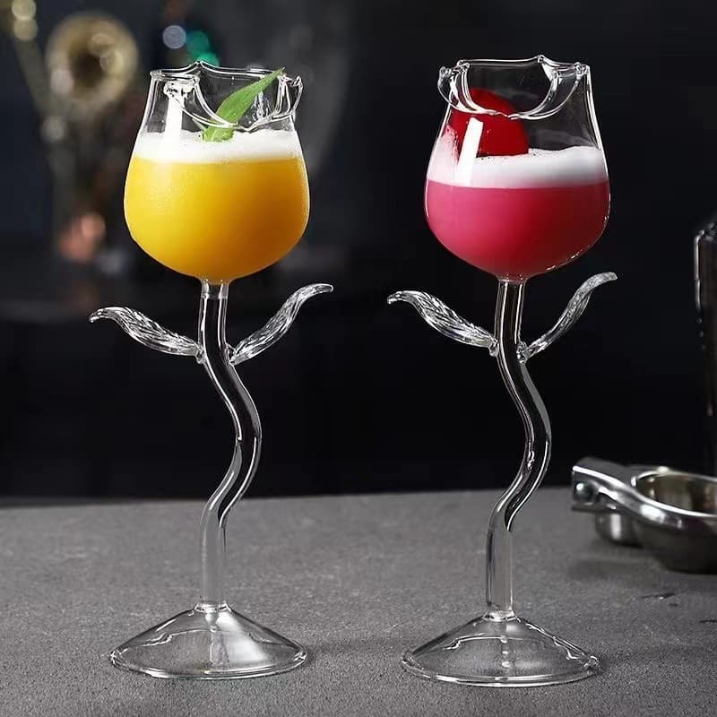 Handcrafted Slightly Curled Rose Wine Glass Goblet Champagne Glass Red Wine Glass Grape Cocktail Glass Transparent Glass