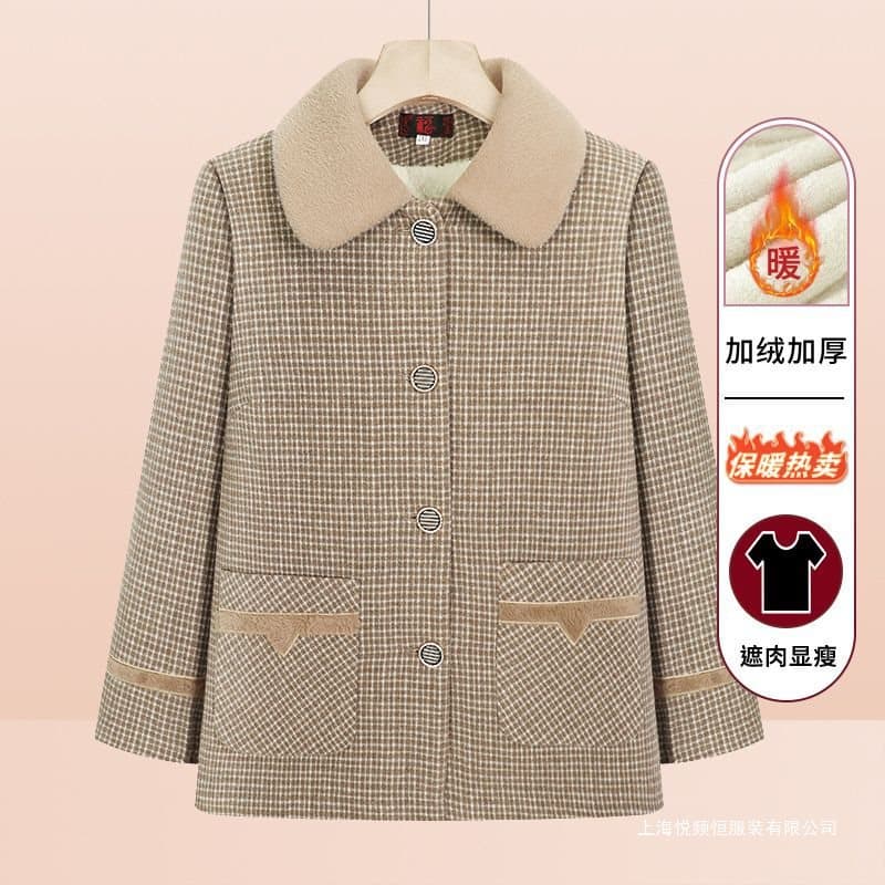 New Winter Plaid Fleece-Lined Coat for Middle-Aged and Elderly Women, Stylish Grandma Outfit, Thickened Clothing, Mom's Top