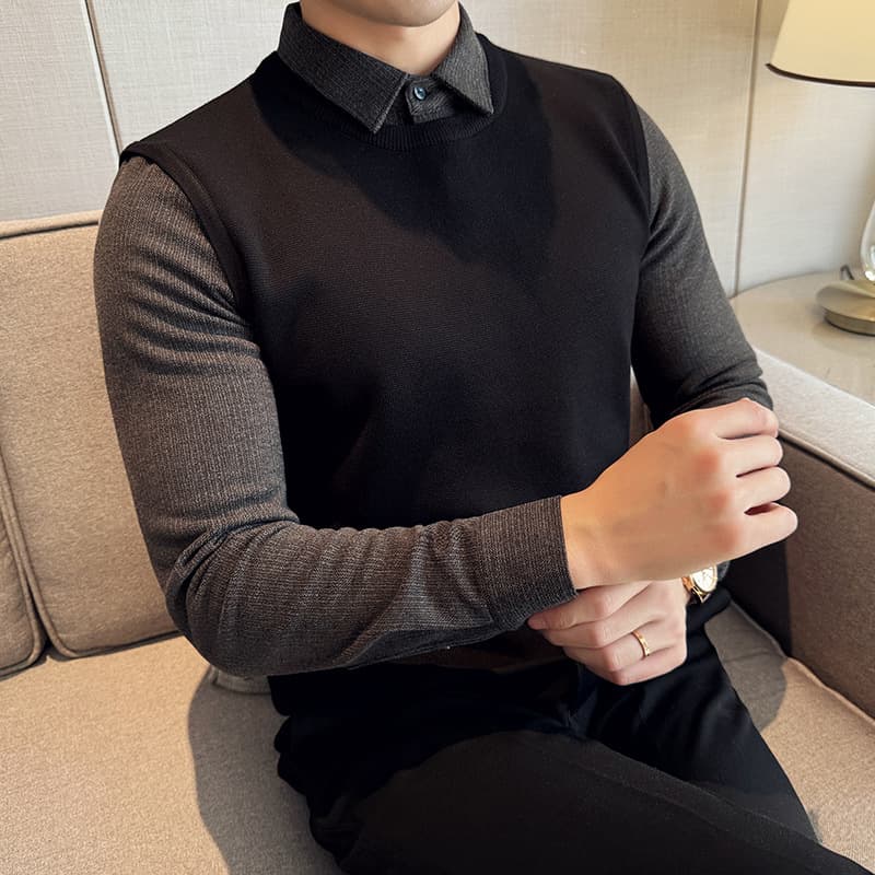 2024 New Men's Thick Striped Wool Shirt Collar Top Business Casual Two-Piece Knitwear Inner Layer