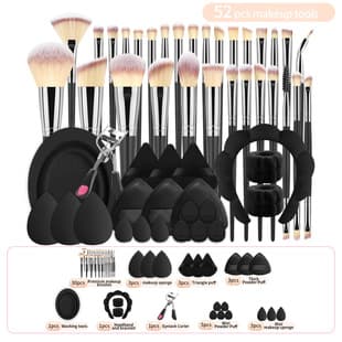 52-Piece Cross-Border Makeup Tool Set: 30 Makeup Brushes, Powder Puffs, Beauty Blenders, Eyelash Curler, Hairband, Wrist Strap, Brush Washer