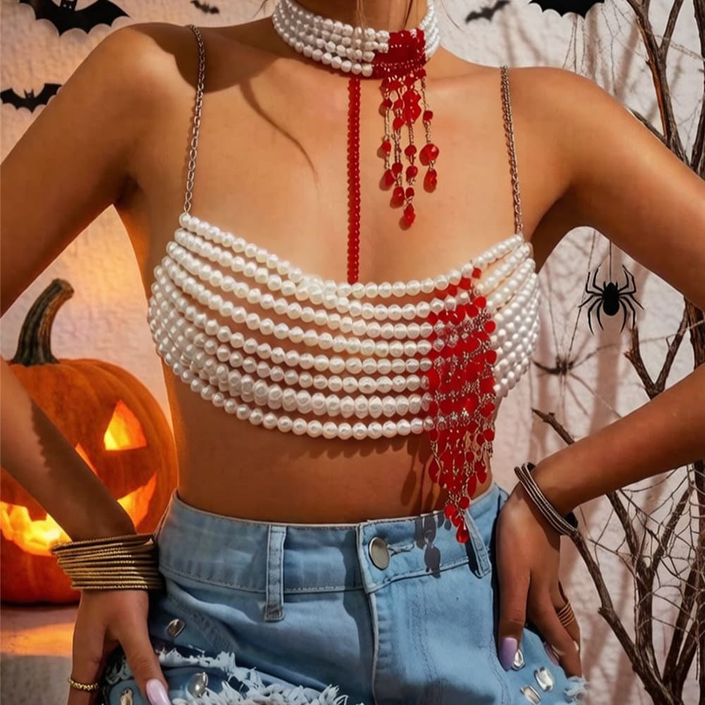 European and American New Pearl Strap Tank Top Halloween Party Hot Girl Hollow Short Crop Top Corset Women's Top