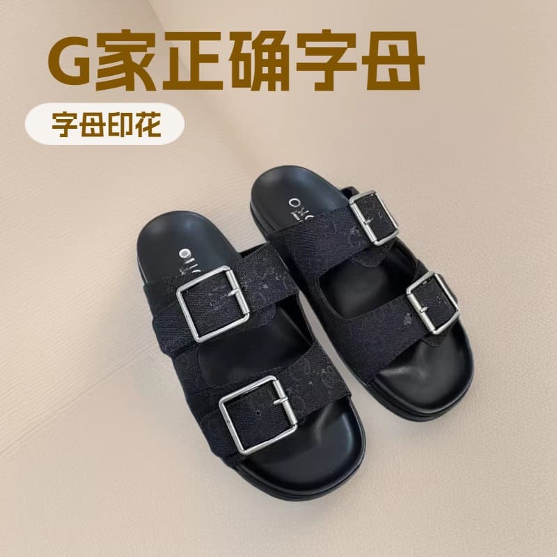 Gu Family Letter Print Double Buckle Flat Slippers Women's Summer Outdoor Fashion Versatile Cool Beach Shoes In Stock