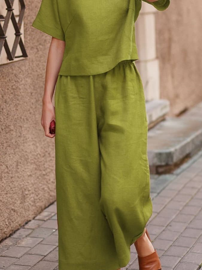 Amazon EU/US Fashion Casual Solid Short Sleeve Set Elegant Commuter Two-Piece Women's Wholesale