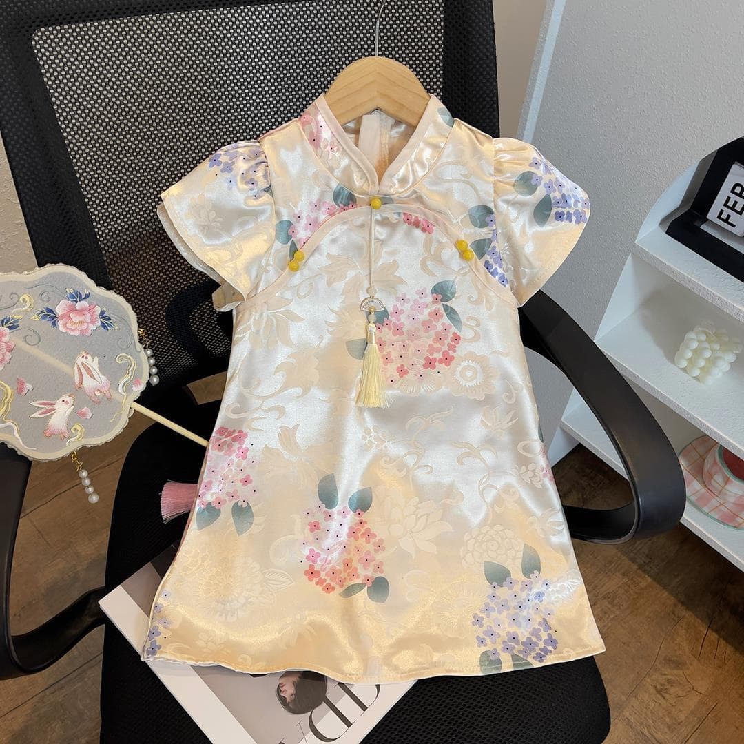 Little Girl's Chinese-style Cheongsam Summer Wear, 2025 New Arrival Fashionable Children's Bubble Sleeve Summer Elegant Dress