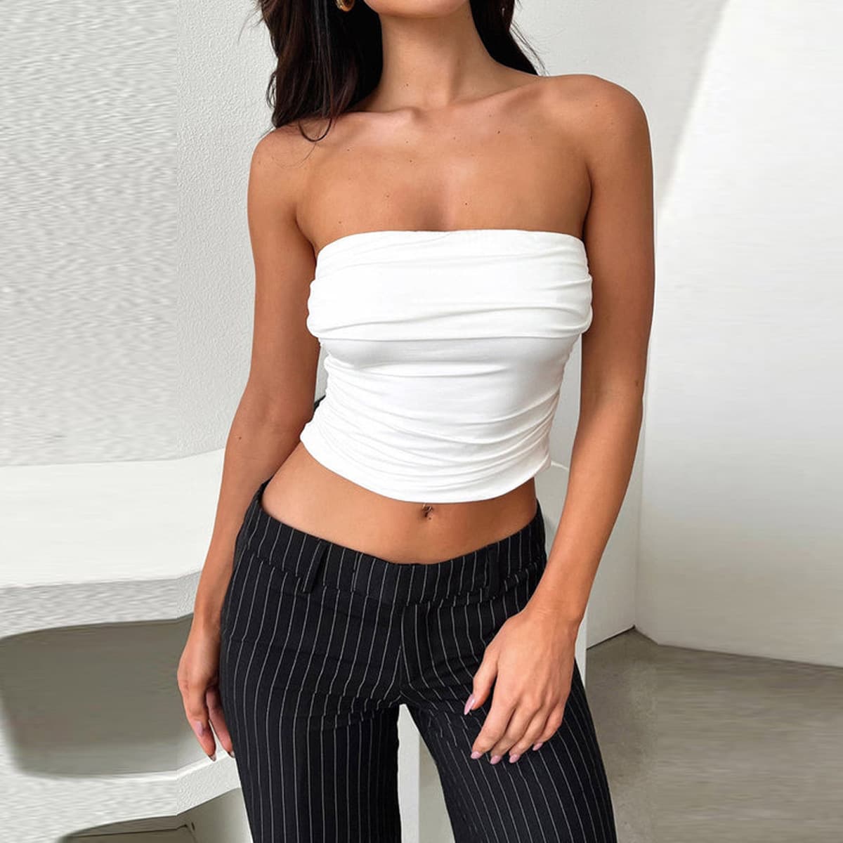 Sexy Summer Shoulder Bared One Shoulder Wrap Chest Top Ultra Short Belly Baring Base Layer Tube Top Pure Color Trendy Commute Style