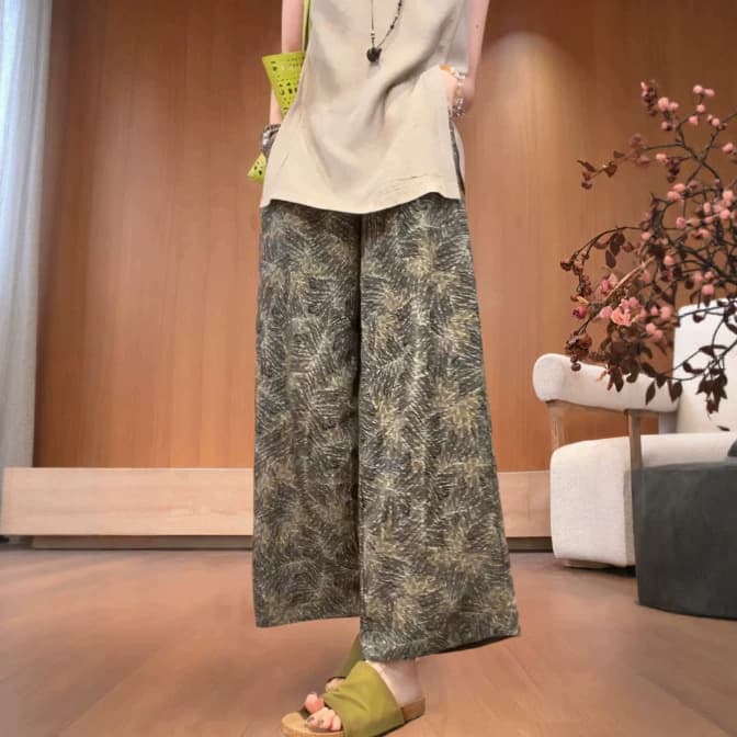 2026 Elegant Slimming Versatile Patterned Loose Casual Pants Women Summer High Waist Elastic Waist Drape Thin Long Pants