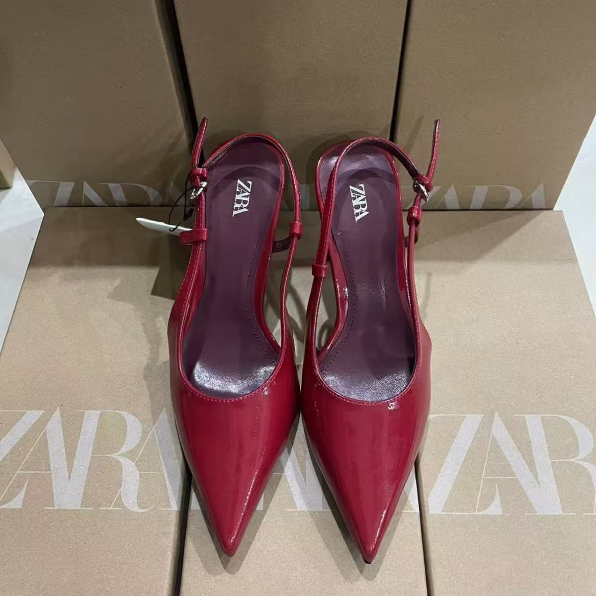 ZA2025 Spring New Women's Shoes Red Patent Leather Open Back Pointed Toe Stiletto Heels Single Shoes One-Strap Mules