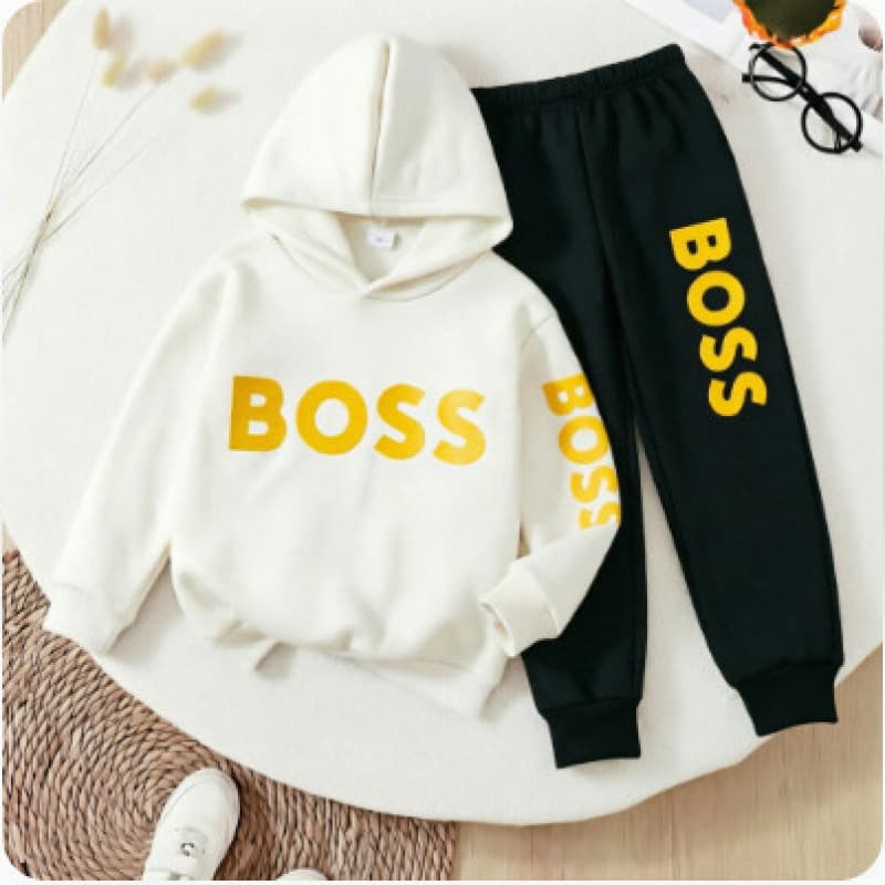 Cross-border Amazon Boys Hoodie Set Spring Autumn Kids Clothing Solid Color Children's Hooded Sweatshirt Set BOSS Print