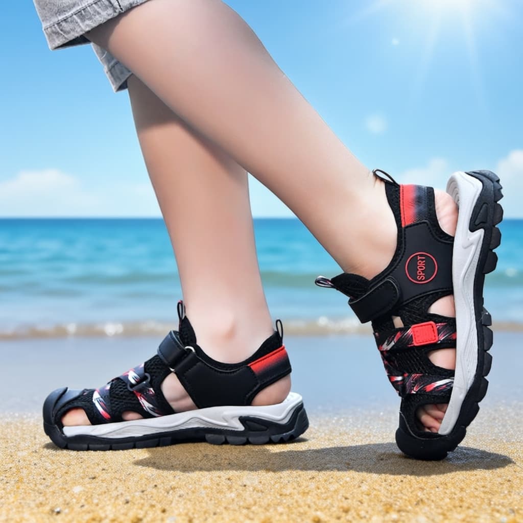 Baotou Hollow Soft Sole Hook-and-Loop Boys and Girls Sandals Beach Lightweight Breathable Running Casual Sports Sandals