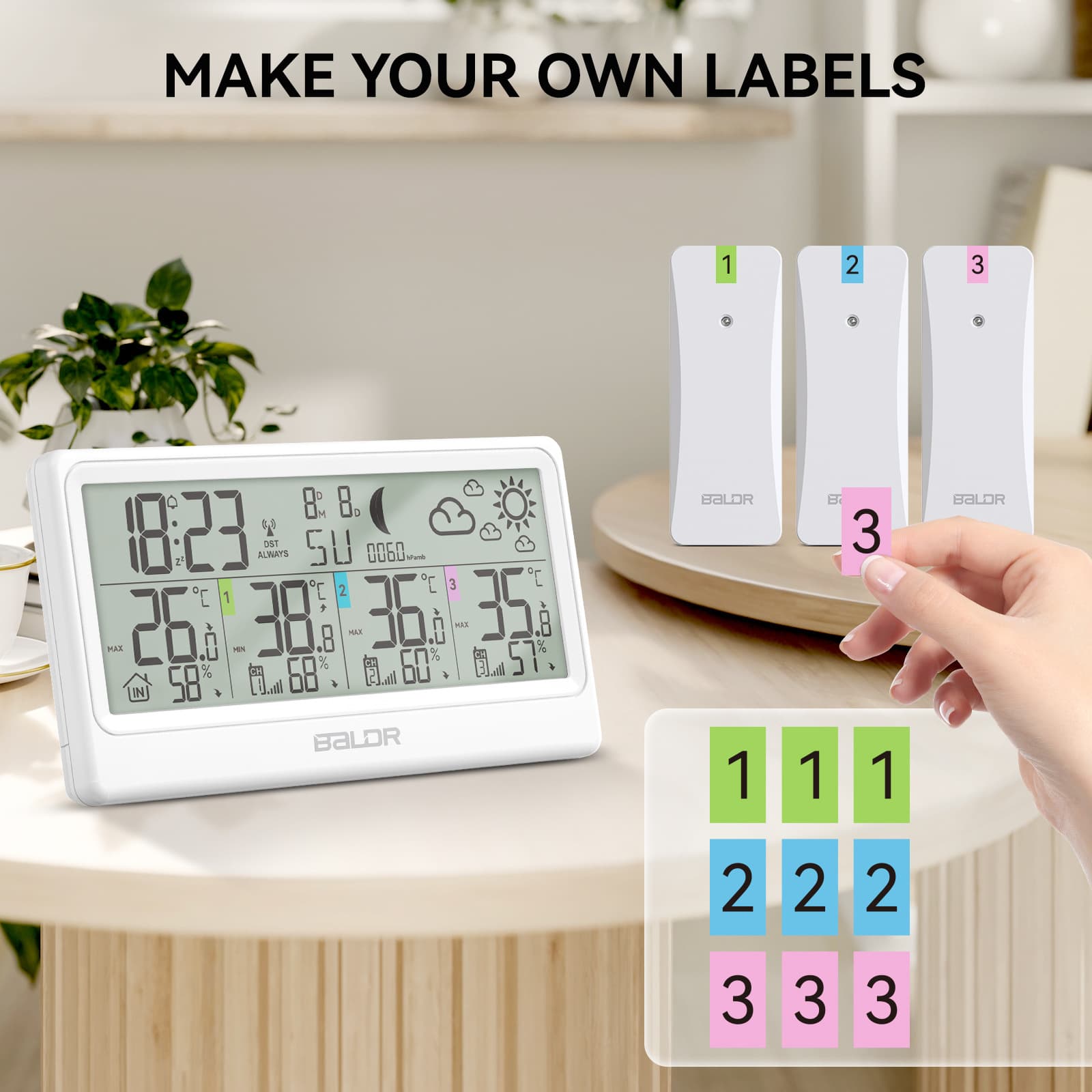 BALDR Three-Channel Wireless Thermometer and Hygrometer with Alarm, Moon Phase, Barometer, and Other Functions