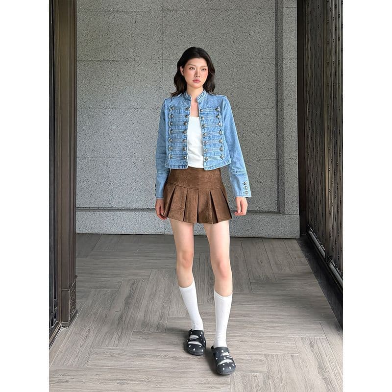 [Flush] Women’s American Retro Palace Style Button Decorated Stand Collar Denim Jacket